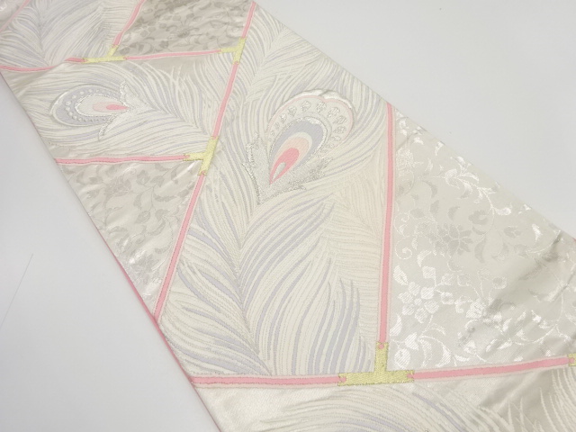 アンティーク　孔雀羽根に花唐草模様織り出し袋帯（着用可）